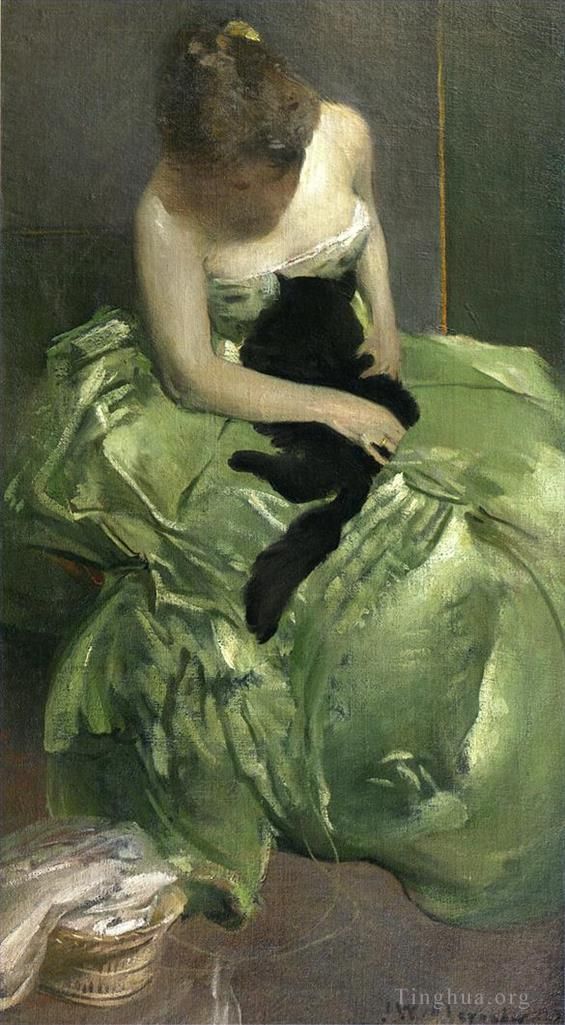 约翰·怀特·亚历山大 的油画作品 -  《绿裙子》