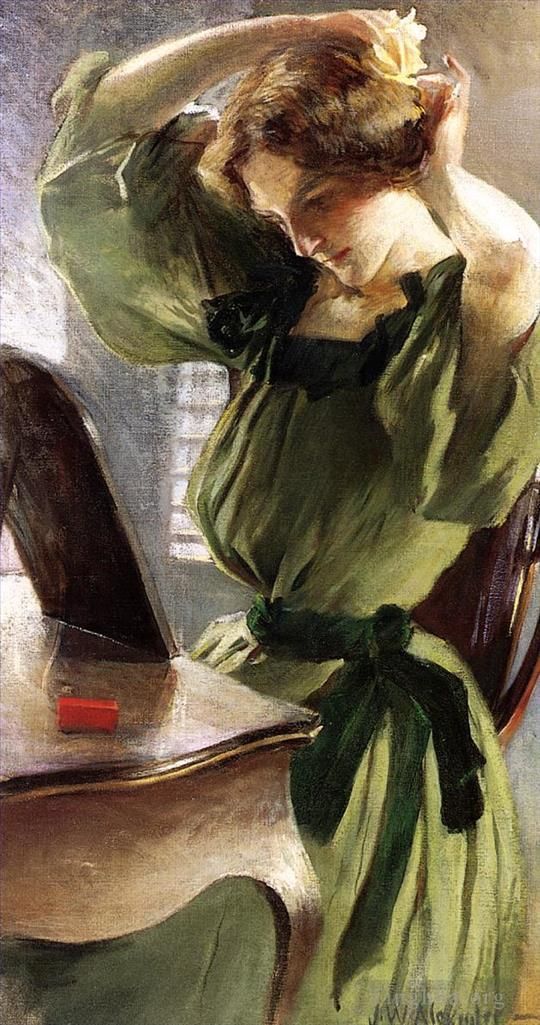 约翰·怀特·亚历山大 的油画作品 -  《整理头发的年轻女子》