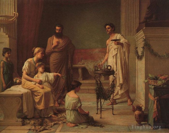 约翰·威廉姆·沃特豪斯 的油画作品 -  《一个生病的孩子被带进埃斯库拉皮乌斯神庙》