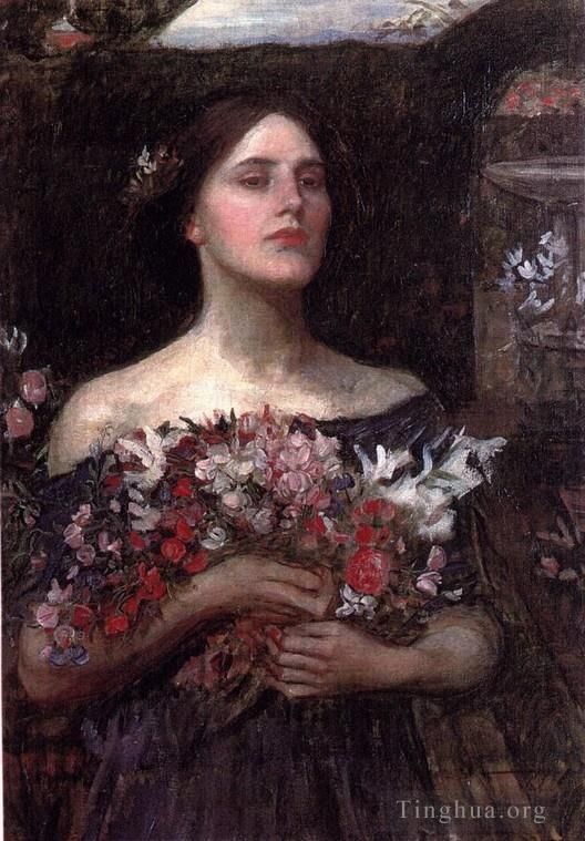 约翰·威廉姆·沃特豪斯 的油画作品 -  《采集玫瑰花蕾研究JW》