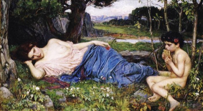 约翰·威廉姆·沃特豪斯 的油画作品 -  《聆听他甜美的笛声》