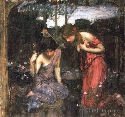 约翰·威廉姆·沃特豪斯 的油画作品 -  《仙女找到奥菲斯的头研究JW》