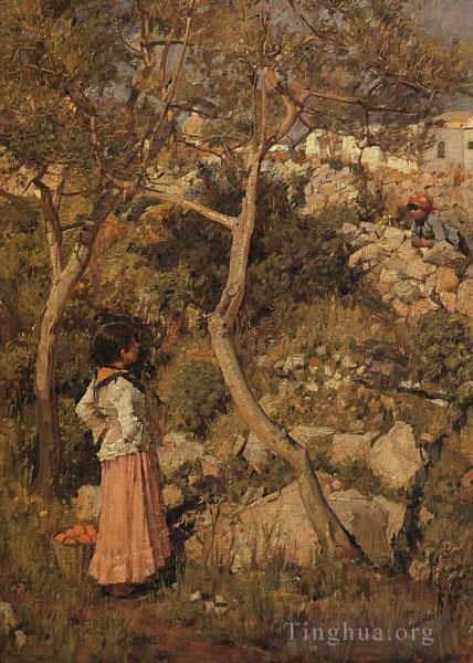约翰·威廉姆·沃特豪斯 的油画作品 -  《村庄旁的两个意大利小女孩》