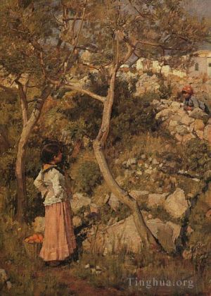 艺术家约翰·威廉姆·沃特豪斯作品《村庄旁的两个意大利小女孩》
