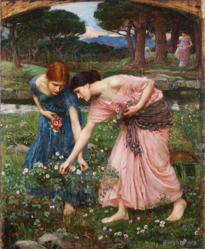 约翰·威廉姆·沃特豪斯 的油画作品 -  《趁五月采摘玫瑰花蕾,1909》