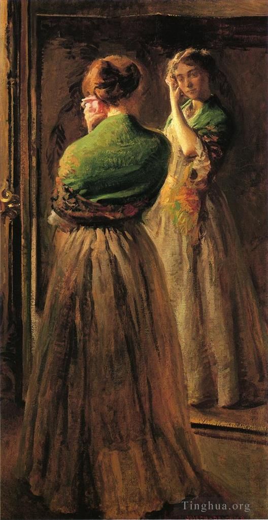 约瑟夫·柔德芬·代坎普 的油画作品 -  《披着绿色披肩的女孩》