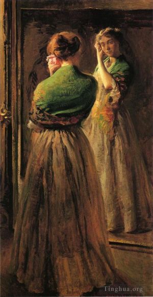 艺术家约瑟夫·柔德芬·代坎普作品《披着绿色披肩的女孩》