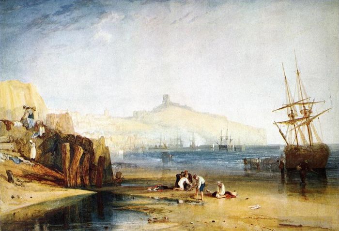 约瑟夫·马洛德·威廉·特纳 的油画作品 -  《斯卡伯勒镇和城堡早晨男孩抓螃蟹》