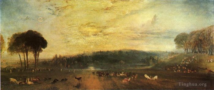 约瑟夫·马洛德·威廉·特纳 的油画作品 -  《佩特沃斯湖日落斗鹿》