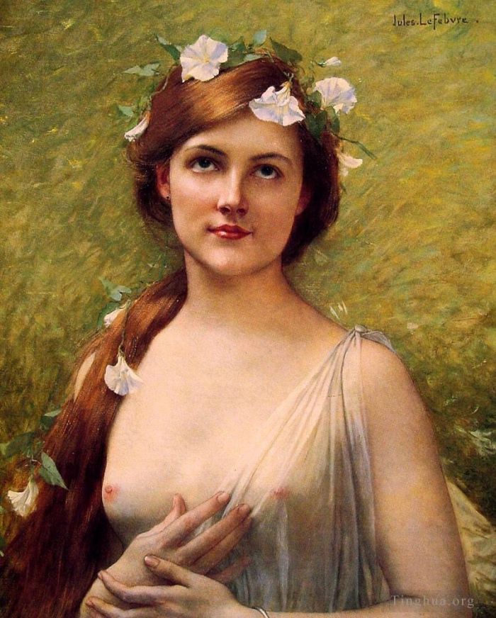 朱尔斯·约瑟夫·莱菲博瑞 的油画作品 -  《裸体头发上有牵牛花的年轻女子》