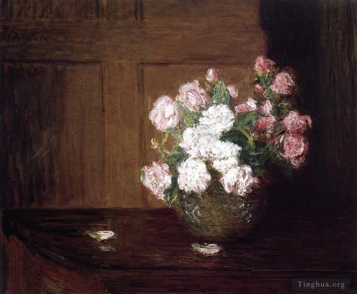 朱利安·奥尔登·威尔 的油画作品 -  《红木桌上银碗里的玫瑰花静物》