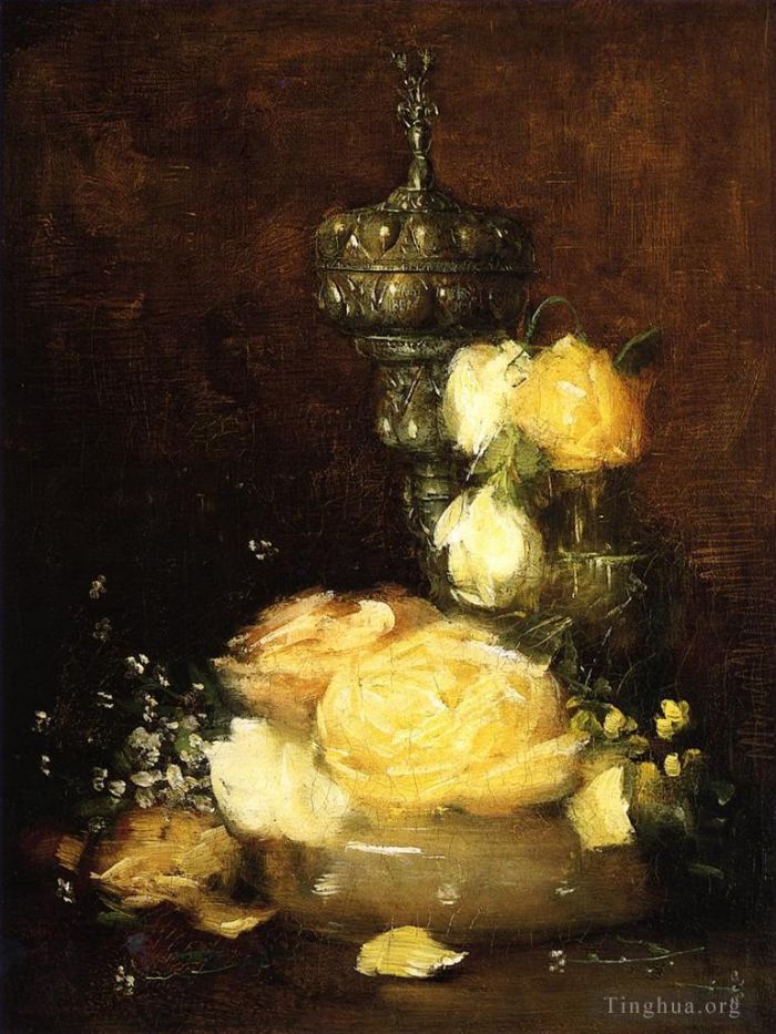 朱利安·奥尔登·威尔 的油画作品 -  《银圣杯与玫瑰印象派静物画》