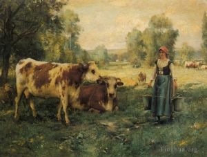 艺术家朱利安·迪普雷作品《挤奶女工与牛和羊》