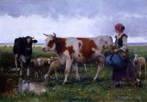 艺术家朱利安·迪普雷作品《有牛和羊的农妇》