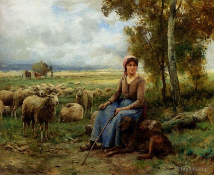 朱利安·迪普雷 的油画作品 -  《牧羊女看守她的羊群》