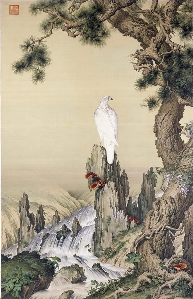 郎世宁 的书法国画作品 -  《瀑布附近的白鸟》
