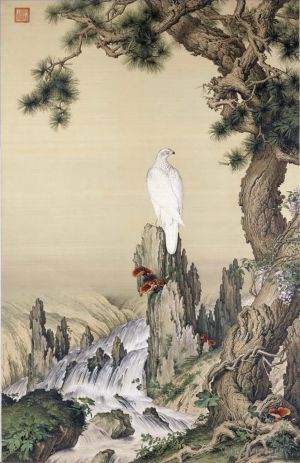 艺术家郎世宁作品《瀑布附近的白鸟》
