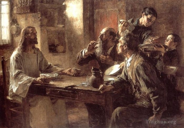 莱昂·奥古斯丁·莱尔米特 的油画作品 -  《以马忤斯的晚餐,1892》
