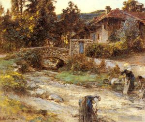 艺术家莱昂·奥古斯丁·莱尔米特作品《洗衣妇在小溪边，远处有建筑物》