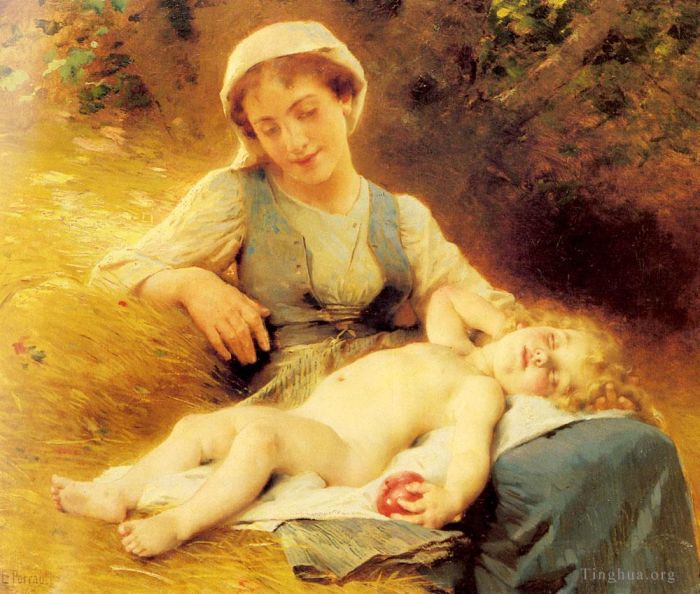 莱昂·巴兹勒·佩罗 的油画作品 -  《一位母亲和她熟睡的孩子》
