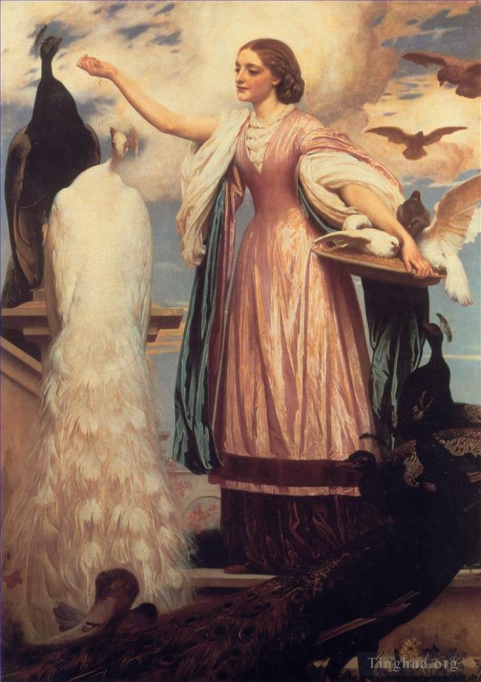 弗雷德里克·莱顿爵士 的油画作品 -  《喂养孔雀的女孩》