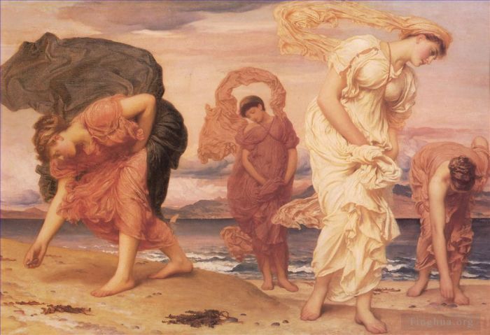 弗雷德里克·莱顿爵士 的油画作品 -  《捡起鹅卵石的希腊女孩》