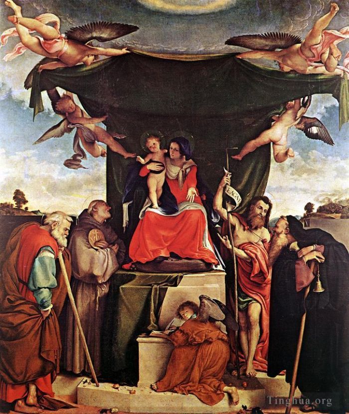 洛伦佐·洛托 的油画作品 -  《麦当娜和圣子与圣徒,1521》