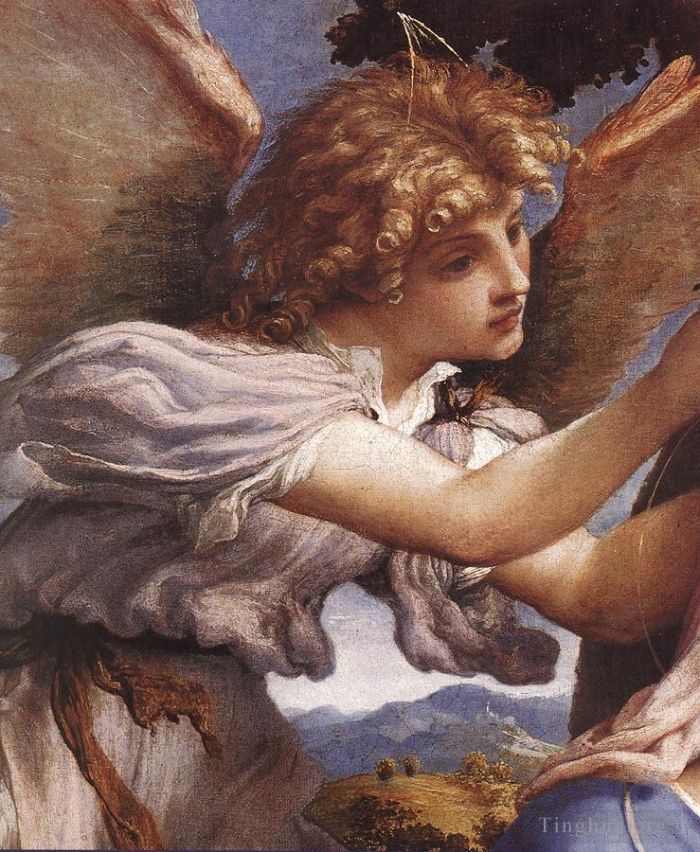洛伦佐·洛托 的油画作品 -  《麦当娜和孩子与圣徒和天使,1527detail》