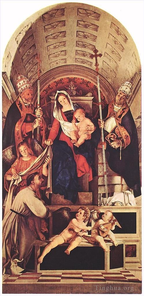 洛伦佐·洛托 的油画作品 -  《麦当娜和孩子与圣多米尼克·格雷戈里和厄本》