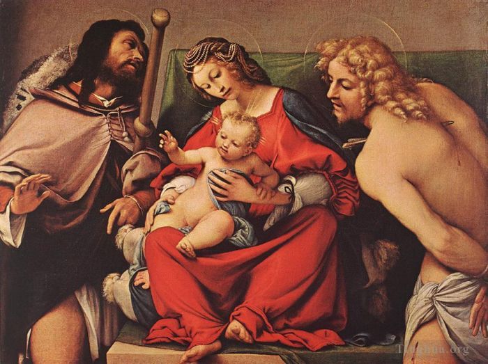 洛伦佐·洛托 的油画作品 -  《麦当娜与孩子,圣摇滚和塞巴斯蒂安,1522》