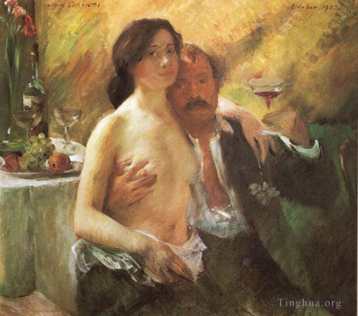 洛维斯·科林斯 的油画作品 -  《与妻子和一杯香槟的自画像》