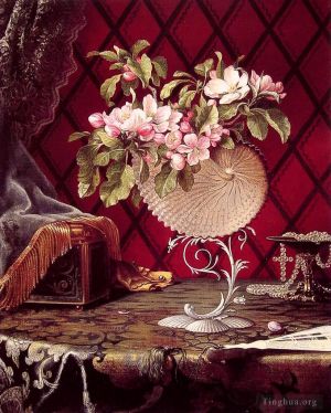 艺术家马丁·约翰逊·赫德作品《鹦鹉螺壳里苹果花的静物》