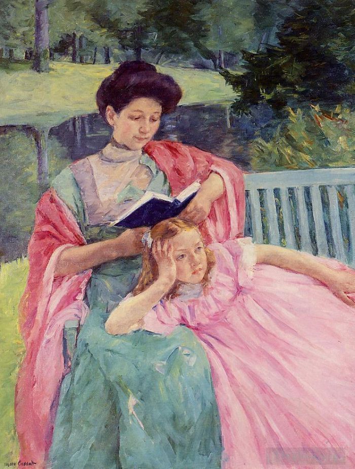 玛丽·史帝文森·卡萨特 的油画作品 -  《奥古斯特给女儿读书》