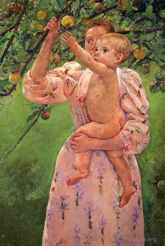 玛丽·史帝文森·卡萨特 的油画作品 -  《宝宝伸手去拿苹果》
