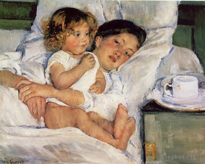 玛丽·史帝文森·卡萨特 的油画作品 -  《在床上吃早餐》