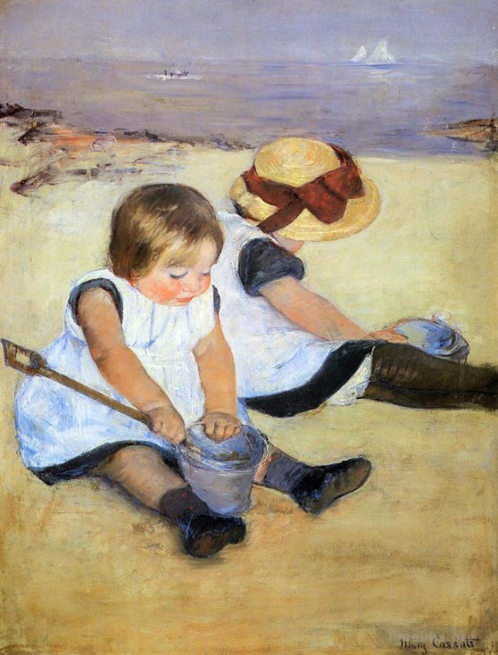 玛丽·史帝文森·卡萨特 的油画作品 -  《孩子们在海滩上玩耍》