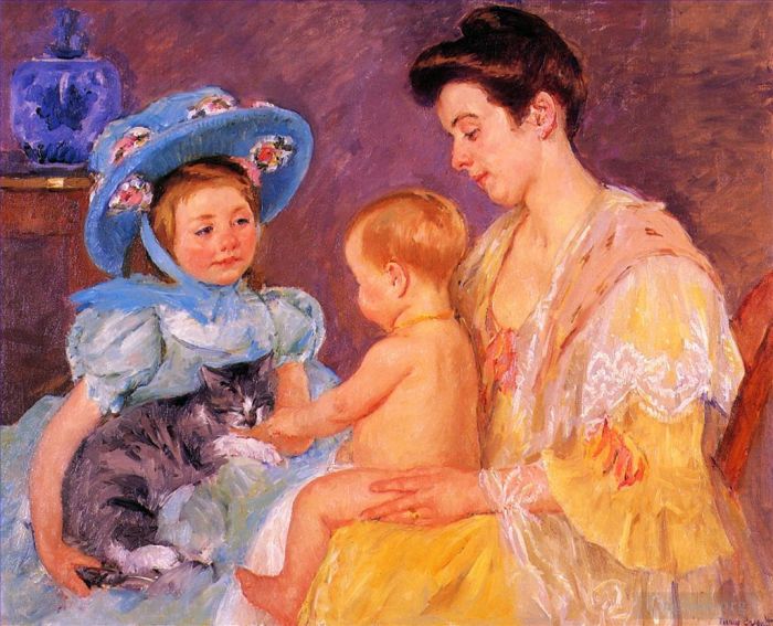 玛丽·史帝文森·卡萨特 的油画作品 -  《孩子们和猫一起玩耍》