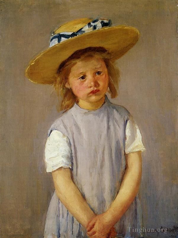 玛丽·史帝文森·卡萨特 的油画作品 -  《戴着大草帽和,Pinnafore,的小女孩》