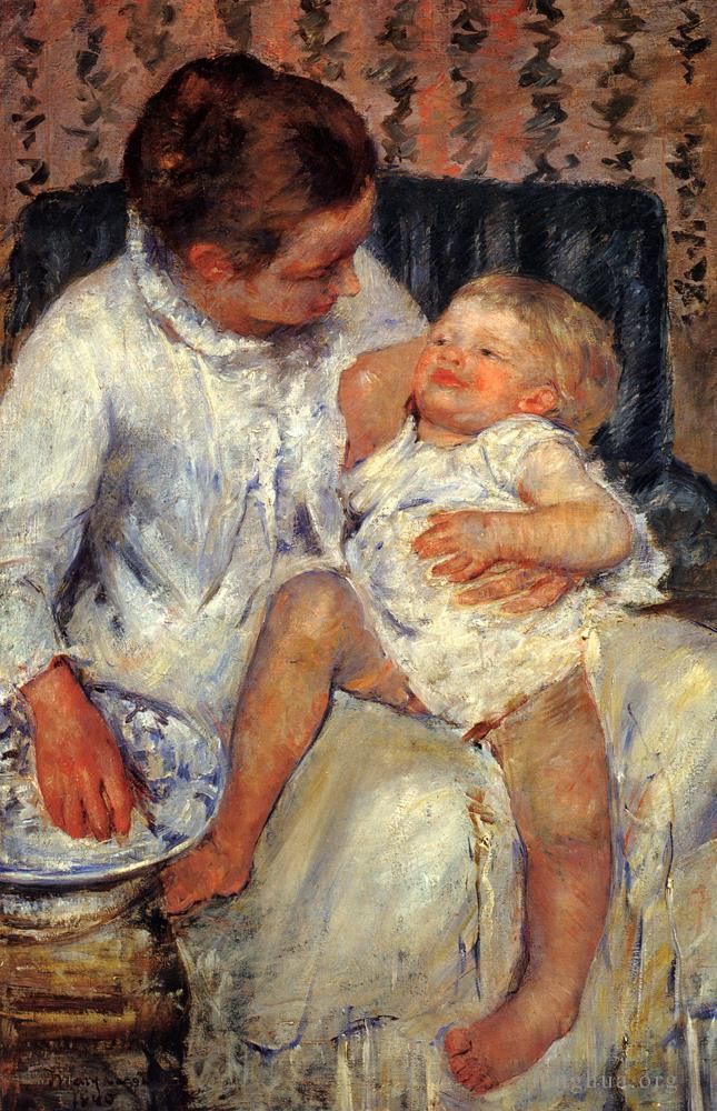 玛丽·史帝文森·卡萨特 的油画作品 -  《母亲要给她昏昏欲睡的孩子洗澡》