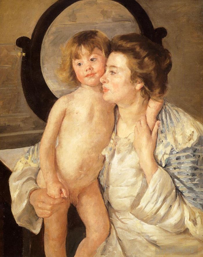 玛丽·史帝文森·卡萨特 的油画作品 -  《母亲和孩子椭圆形镜子》