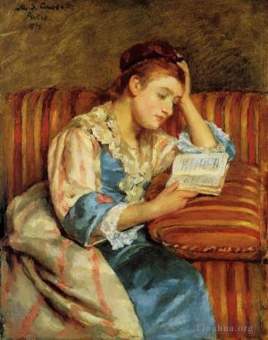艺术家玛丽·史帝文森·卡萨特作品《达菲夫人坐在条纹沙发上读书》