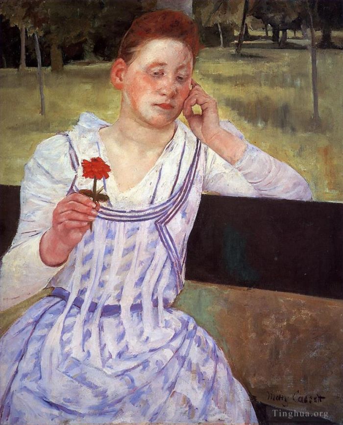 玛丽·史帝文森·卡萨特 的油画作品 -  《遐想又名带着红色百日草的女人》