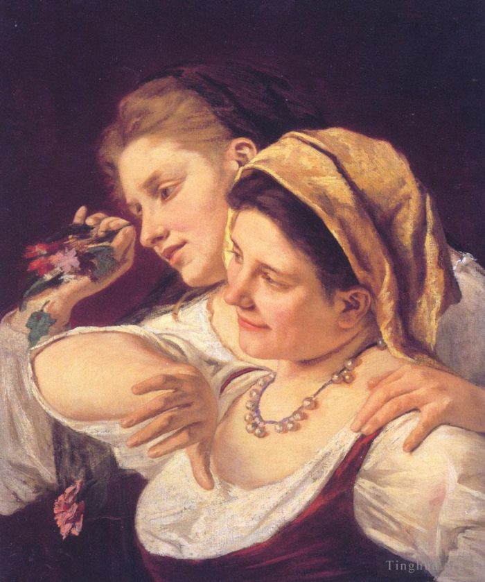 玛丽·史帝文森·卡萨特 的油画作品 -  《两个女人扔花》
