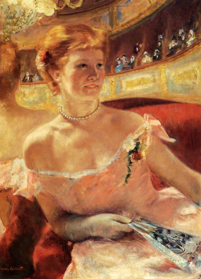 玛丽·史帝文森·卡萨特 的油画作品 -  《包厢里戴着珍珠项链的女人》