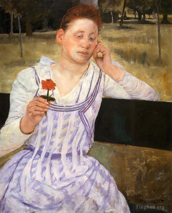 玛丽·史帝文森·卡萨特 的油画作品 -  《女人与红色百日草》