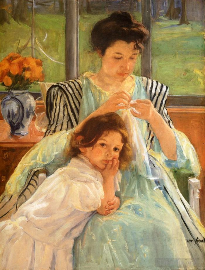 玛丽·史帝文森·卡萨特 的油画作品 -  《年轻妈妈缝纫》
