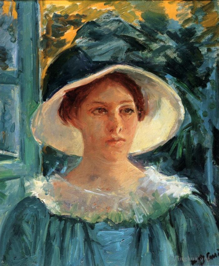 玛丽·史帝文森·卡萨特 的油画作品 -  《阳光下绿色户外的年轻女子》