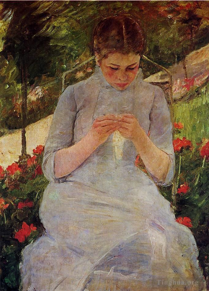 玛丽·史帝文森·卡萨特 的油画作品 -  《花园里缝纫的年轻女子》