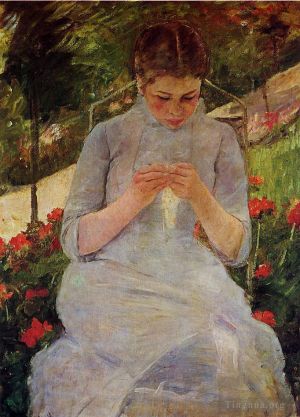 艺术家玛丽·史帝文森·卡萨特作品《花园里缝纫的年轻女子》