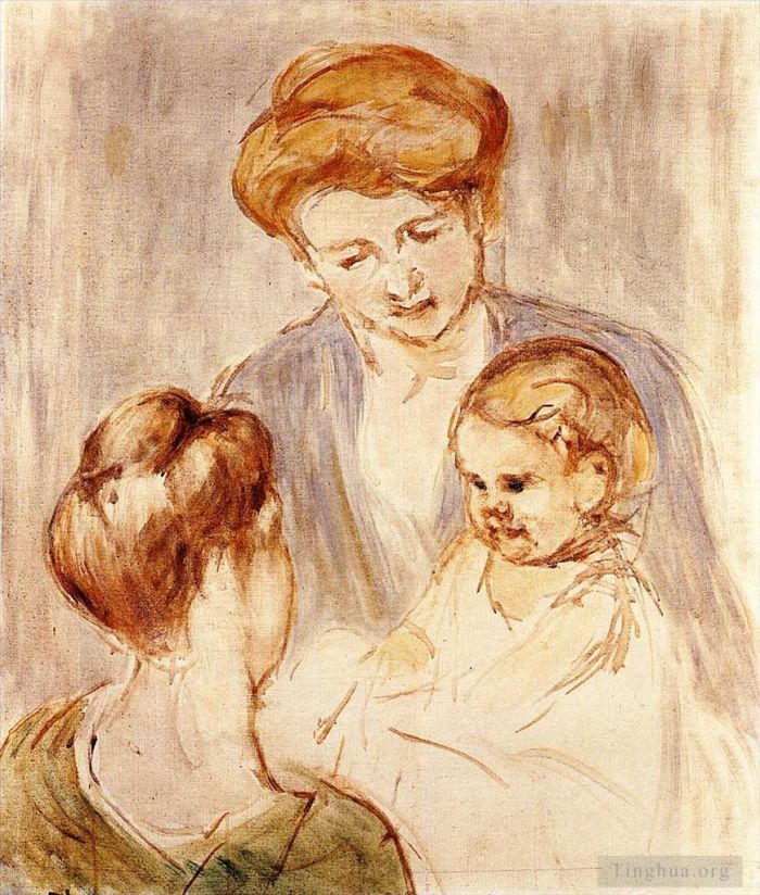 玛丽·史帝文森·卡萨特 的各类绘画作品 -  《一个婴儿对两个年轻女子微笑》